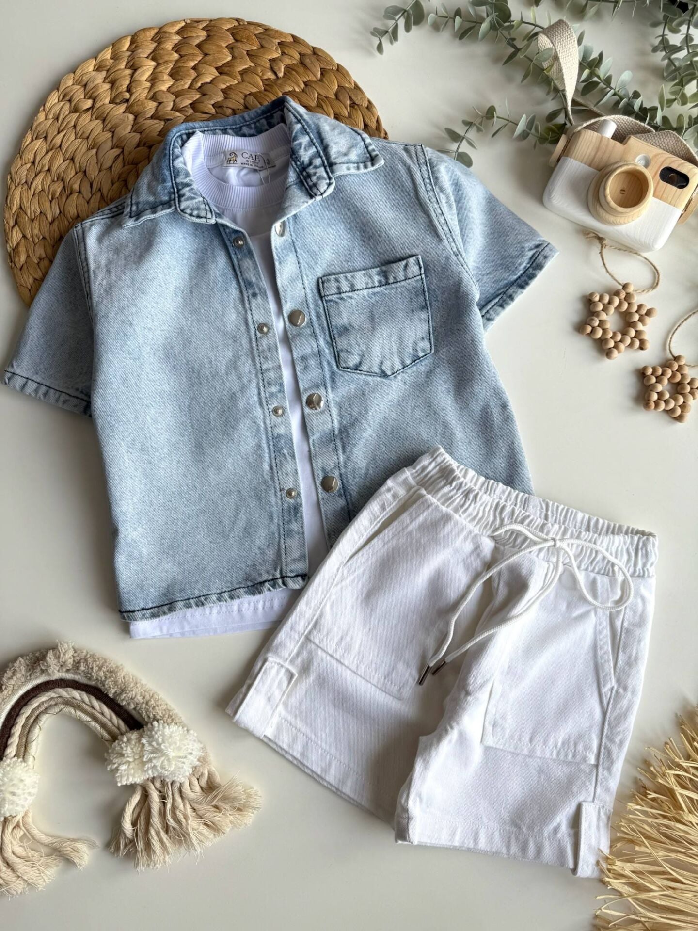 Denim gömlek şort takım