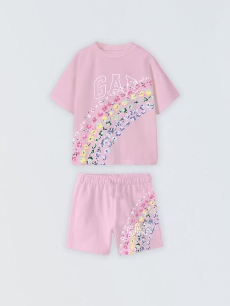 Çiçek baskılı şort takım pembe