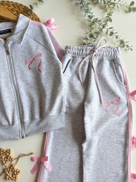 Fiyonk detaylı fermuarlı takım gri