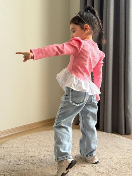 Balon kol Jean takım pembe