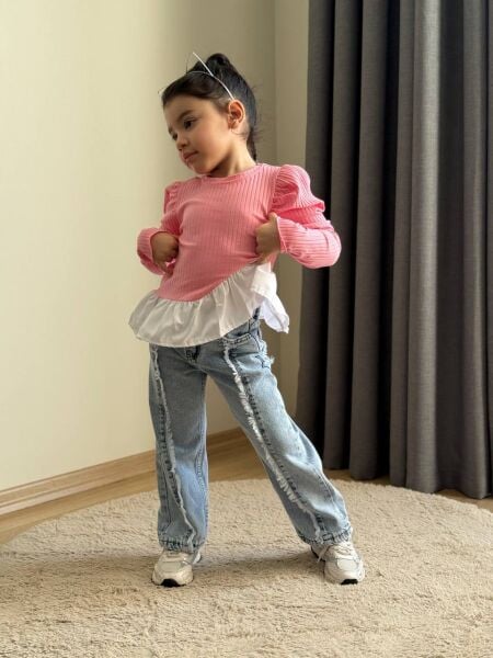 Balon kol Jean takım pembe