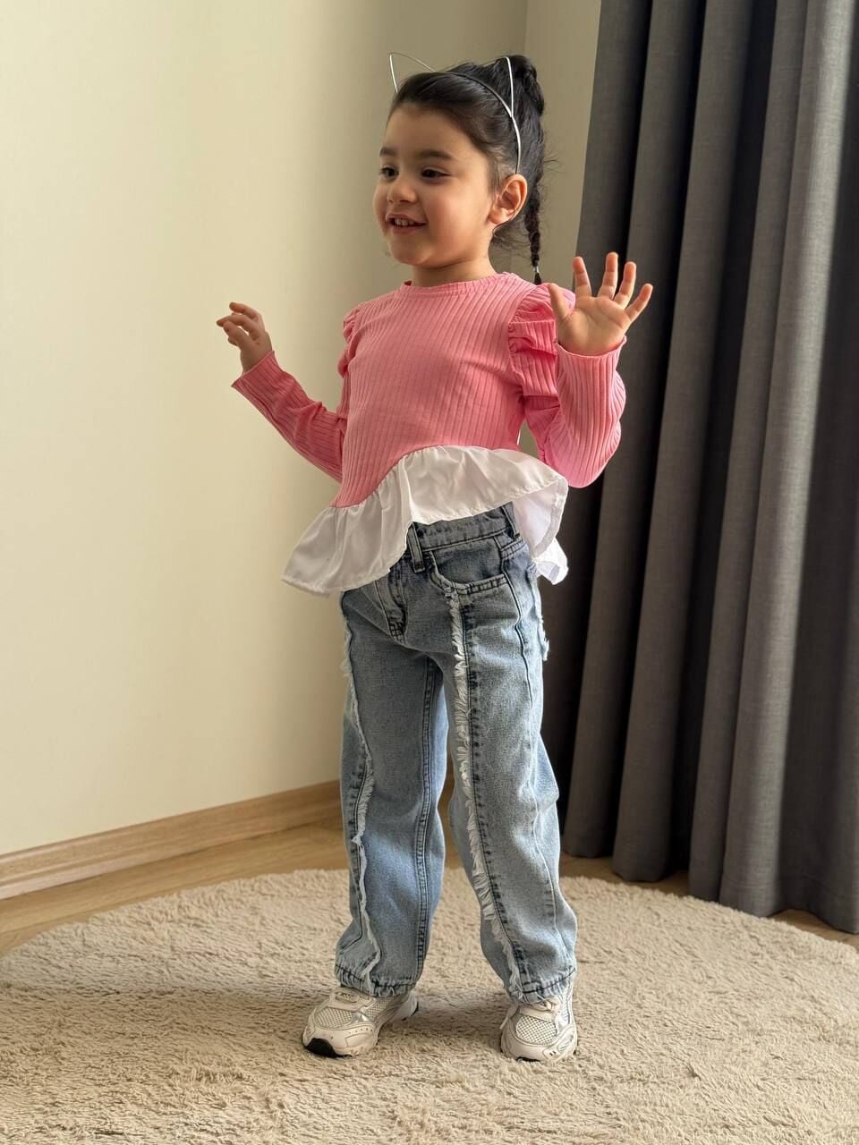 Balon kol Jean takım pembe