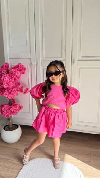 Pembe balon etek crop takım