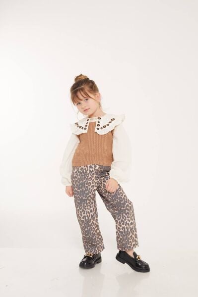 Yaka detaylı üçlü leopar set pantolonlu
