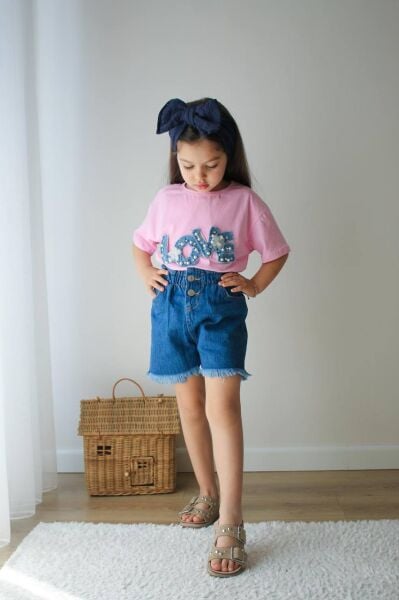 Love taşlı denim takım