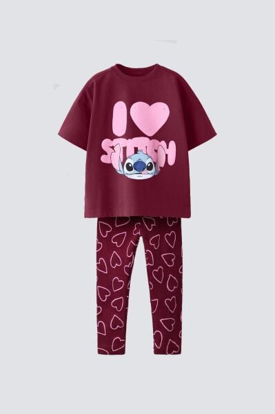 Stitch baskılı taytlı takım bordo