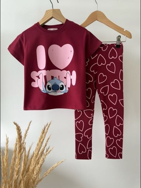 Stitch baskılı taytlı takım bordo