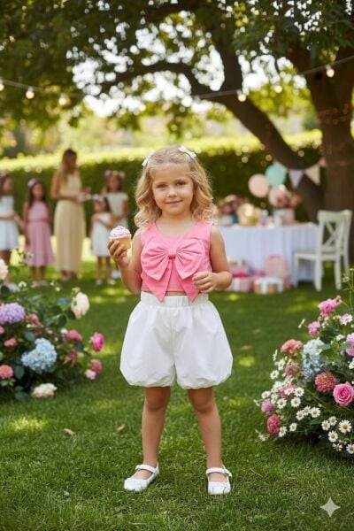 Fiyonk detaylı balon şort takım fuşya