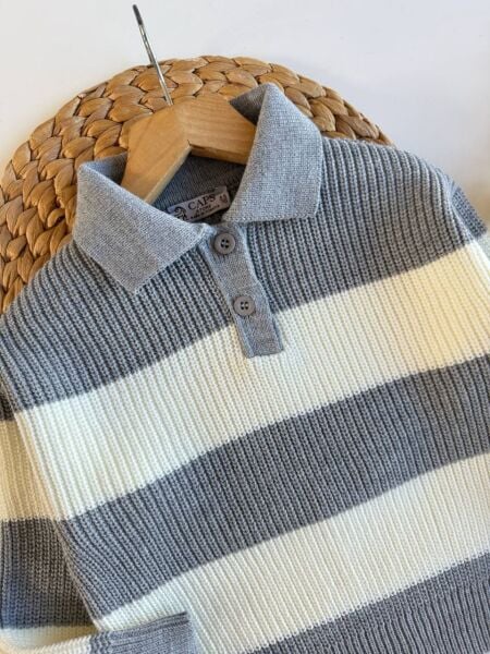 Triko çizgili gri etekli takım