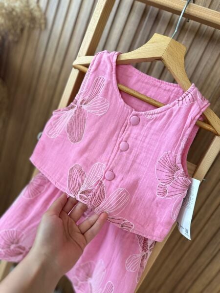 İşleme detaylı müslin takım pembe