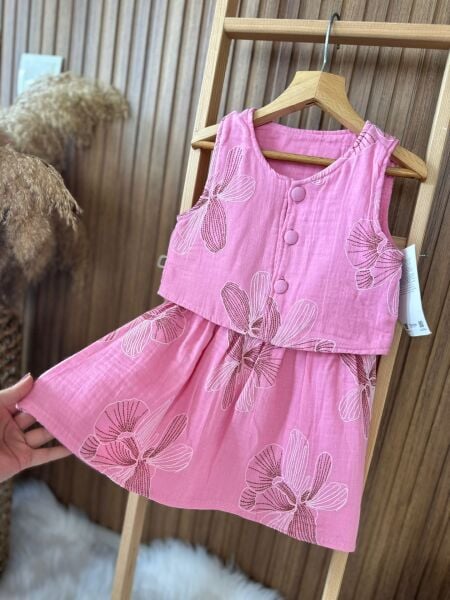 İşleme detaylı müslin takım pembe
