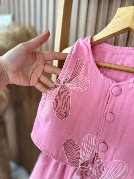 İşleme detaylı müslin takım pembe