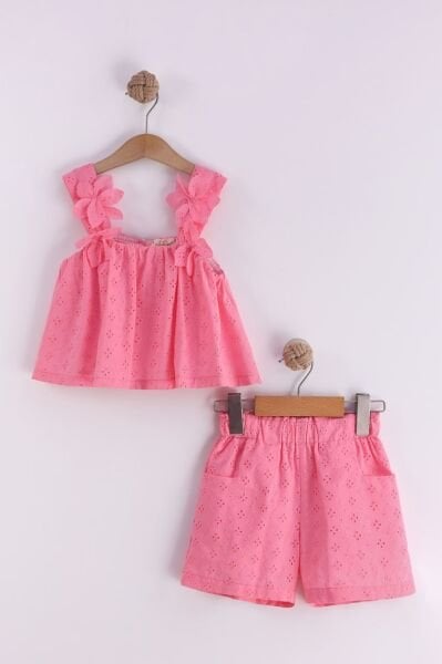 Askılı Fisto detaylı şortlu takım fuşya