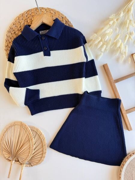 Triko çizgili lacivert etekli takım