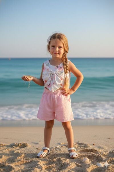 Çiçek detaylı fisto şortlu takım pembe