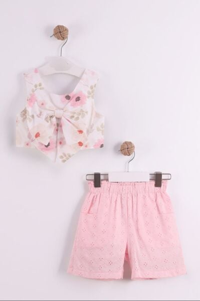 Çiçek detaylı fisto şortlu takım pembe