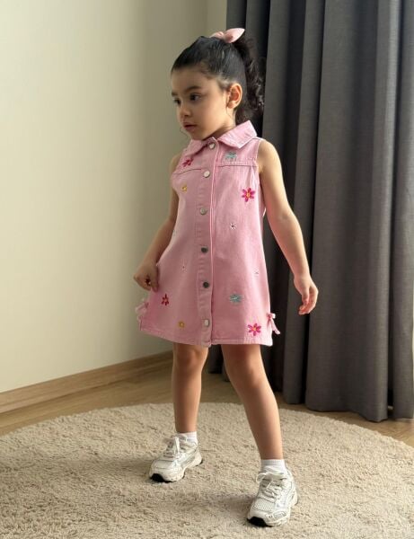 Çiçek nakış işlemeli denim elbise Pembe