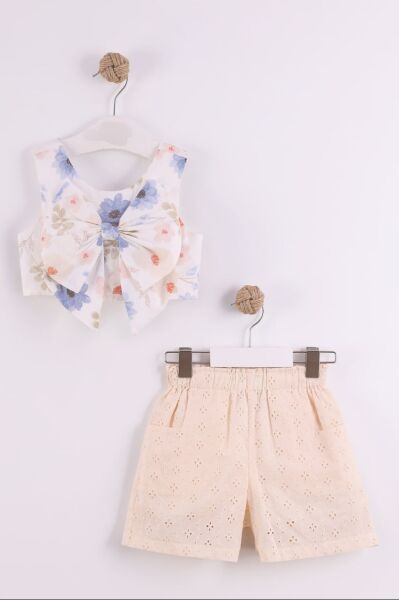 Çiçek detaylı fisto şortlu takım mavi