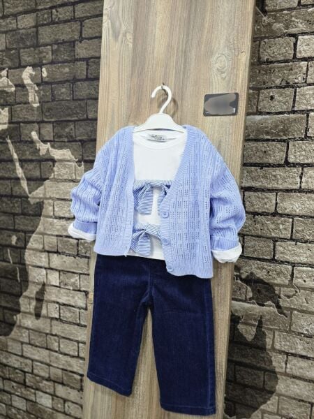 Fiyonk detaylı üçlü set takım mavi