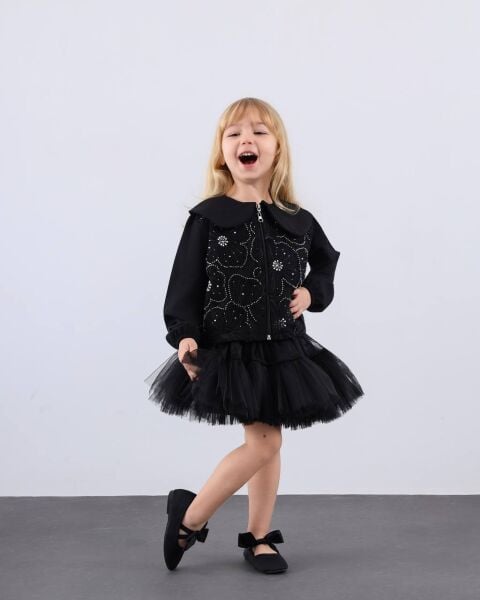 İnci detaylı tütü etek takım siyah