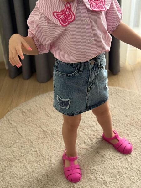 Kelebek nakış işlemeli denim etek takım