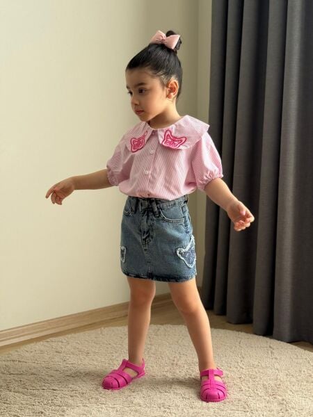 Kelebek nakış işlemeli denim etek takım