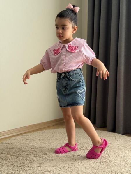 Kelebek nakış işlemeli denim etek takım
