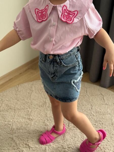 Kelebek nakış işlemeli denim etek takım