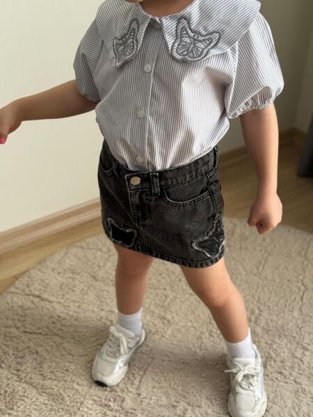Kelebek nakış işlemeli siyah denim etek takım