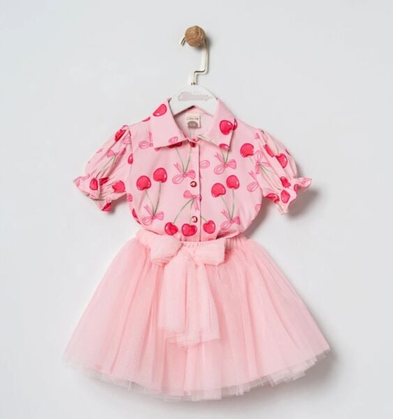 Kiraz detaylı gömlek & tütü etek takım pembe