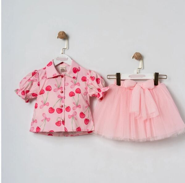 Kiraz detaylı gömlek & tütü etek takım pembe