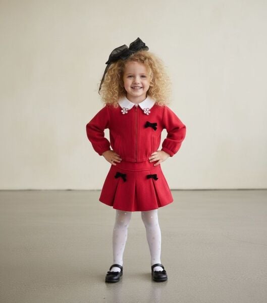 Fiyonk aplikeli 4lü set takım (ceket/etek/gömlek/toka)