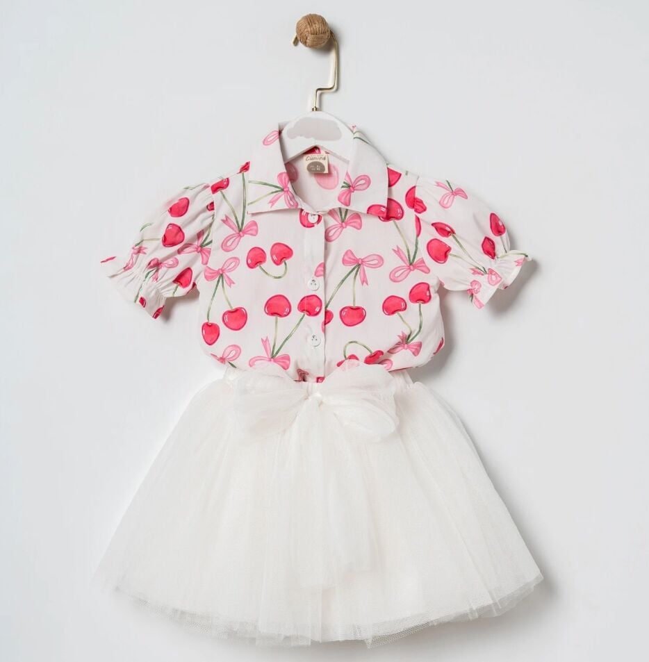 Kiraz detaylı gömlek & tütü etek takım beyaz