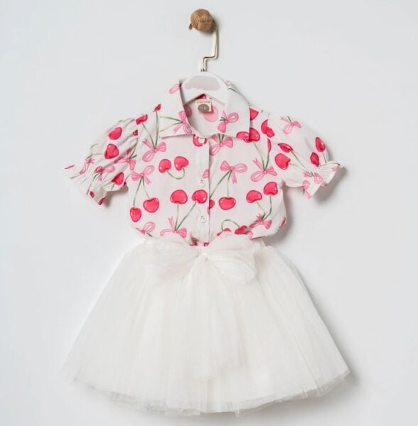 Kiraz detaylı gömlek & tütü etek takım beyaz