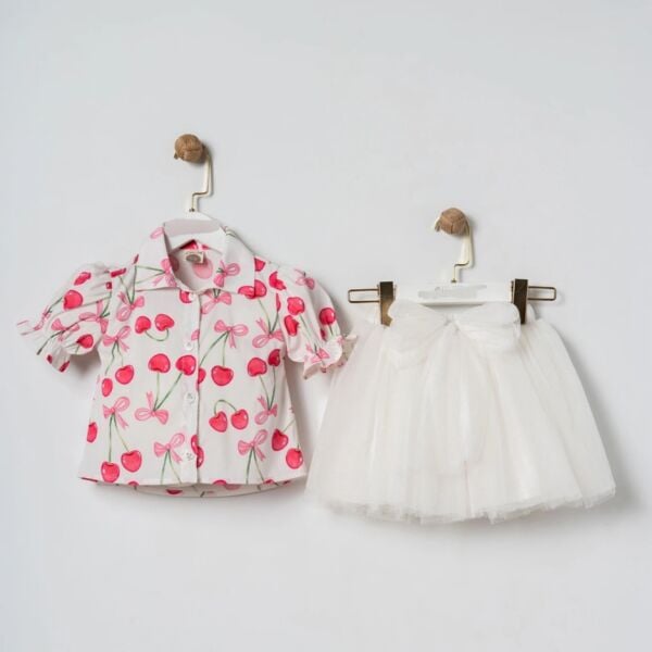Kiraz detaylı gömlek & tütü etek takım beyaz