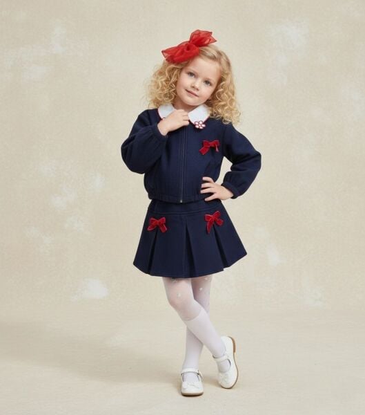 Fiyonk aplikeli 4lü set takım lacivert (ceket/etek/gömlek/toka)