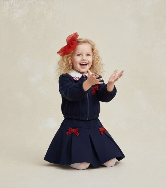 Fiyonk aplikeli 4lü set takım lacivert (ceket/etek/gömlek/toka)