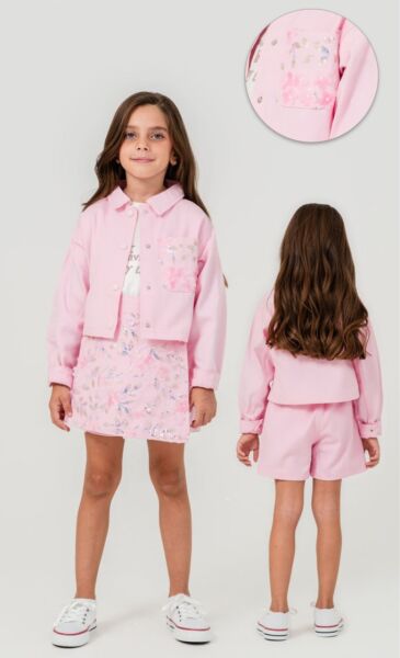 Çiçek payet işlemeli üçlü set takım pembe