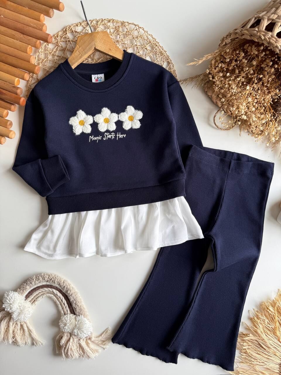 Papatya punch işlemeli taytlı takım lacivert