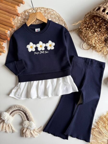 Papatya punch işlemeli taytlı takım lacivert