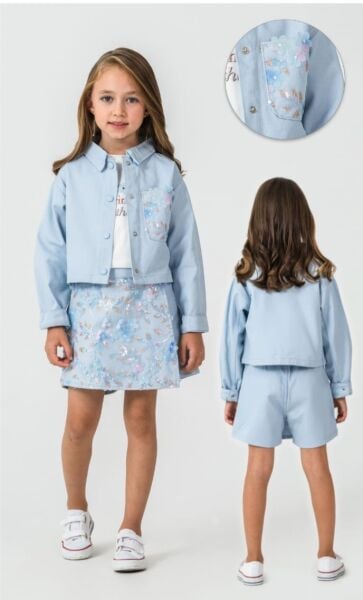 Çiçek payet işlemeli üçlü set takım mavi