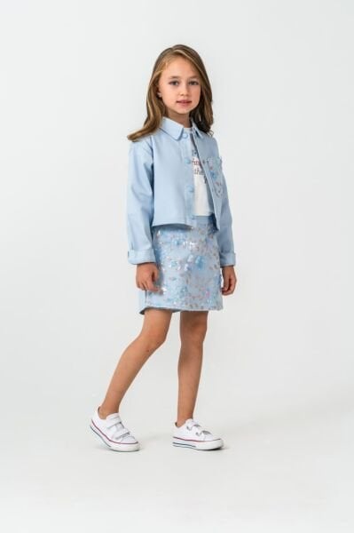 Çiçek payet işlemeli üçlü set takım mavi