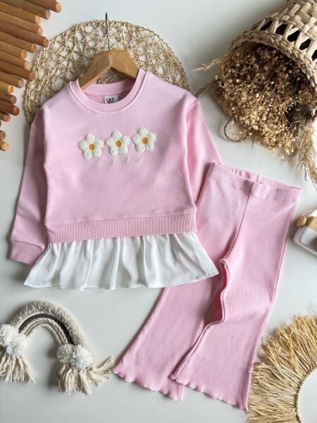 Papatya punch işlemeli taytlı takım pembe