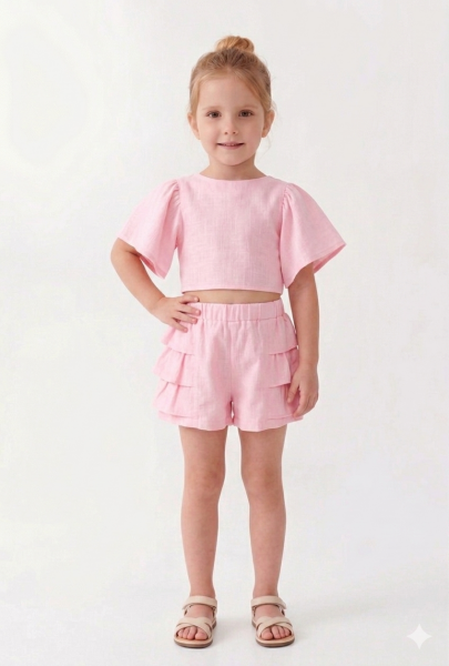 Keten şortlu takım pembe