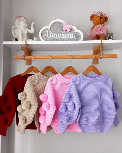 Ponpon kol detaylı triko kazak Pembe