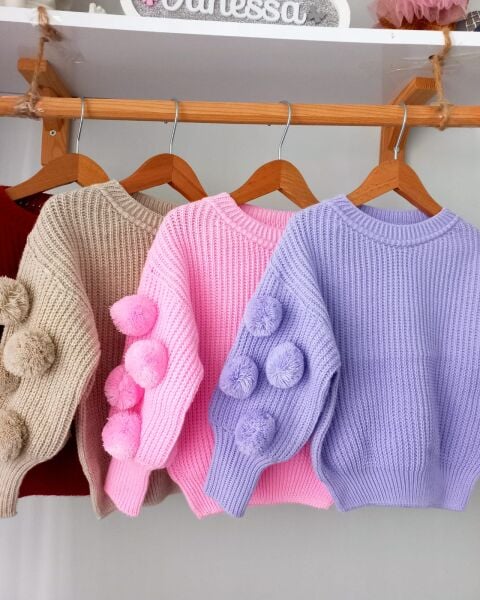 Ponpon kol detaylı triko kazak Pembe