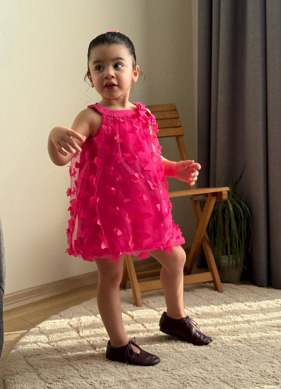 Kelebekli balon elbise fuşya 2/3 yaş