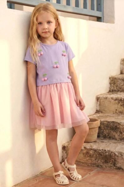 Kiraz aplikeli tütü elbise Pembe