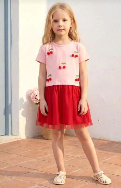Kiraz aplikeli tütü elbise kırmızı