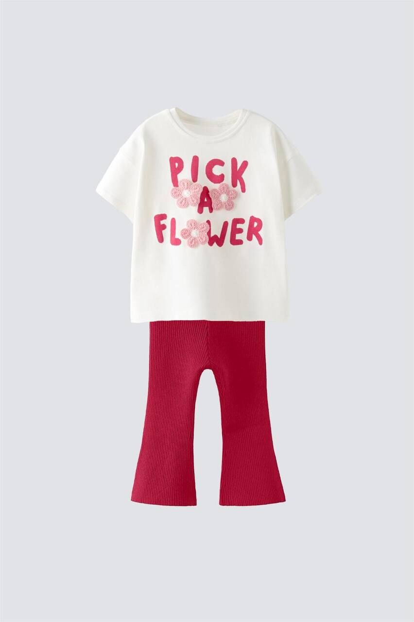 Flower punch işlemeli taytlı takım pembe
